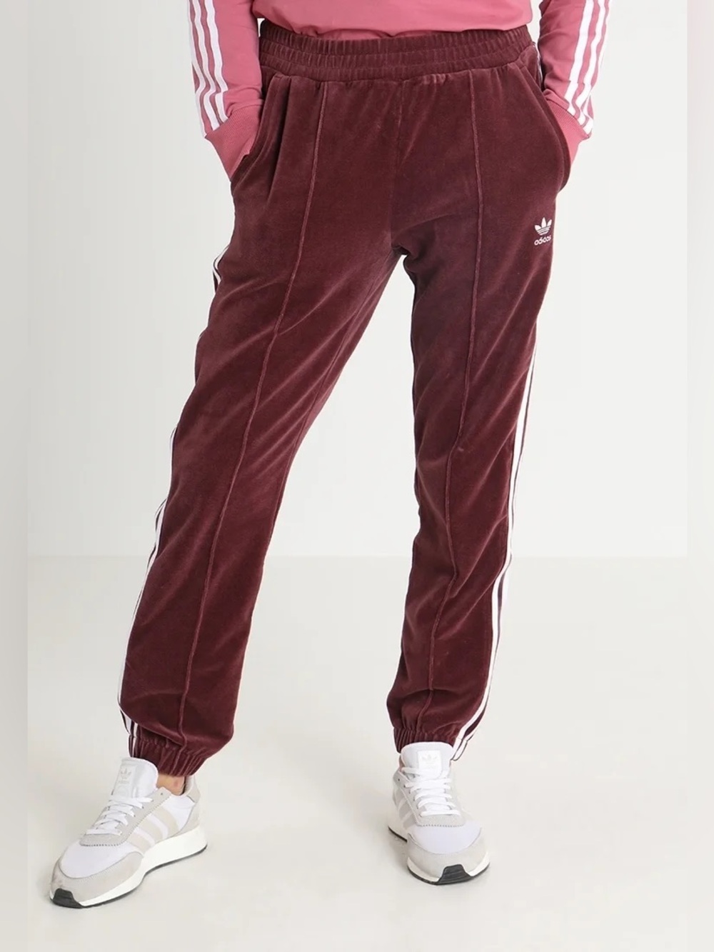 Adidas Velour Joggers Burgundy with White Three Stripes Size Small
